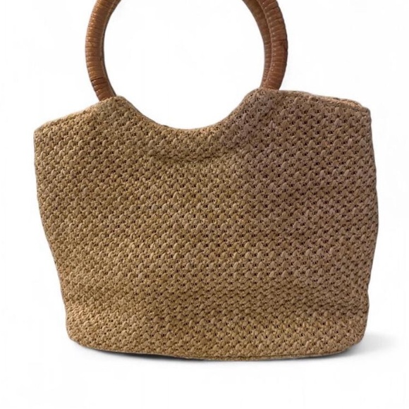 Vintage Boho Cottagecore Floral Straw Tote Bag Wooden Handles OS - Picture 3 of 5